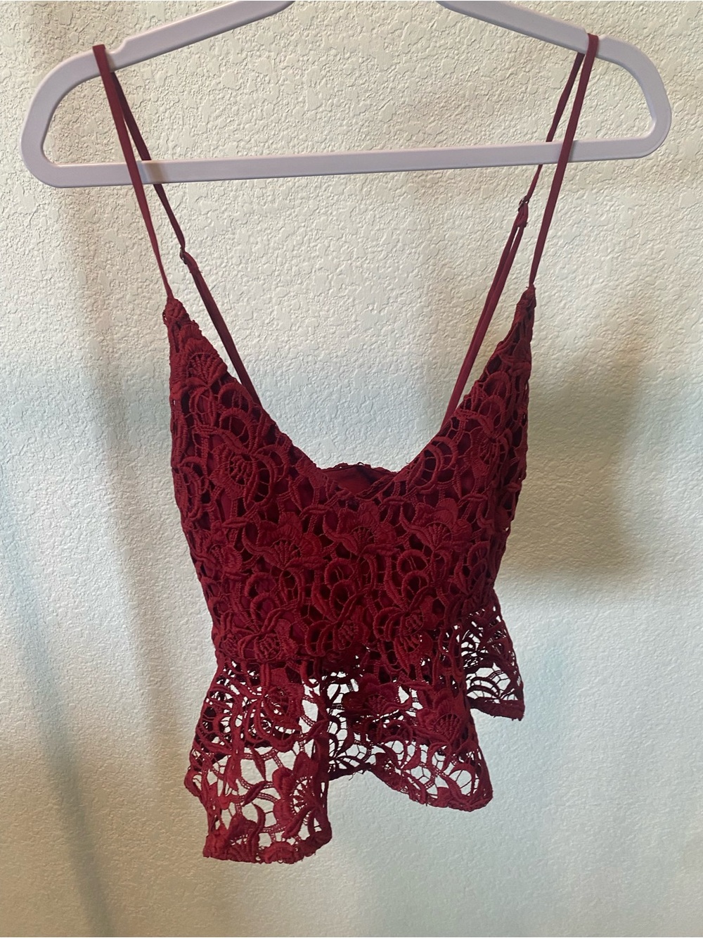 Forever 21 Burgundy Crochet Lace Peplum Cami Top